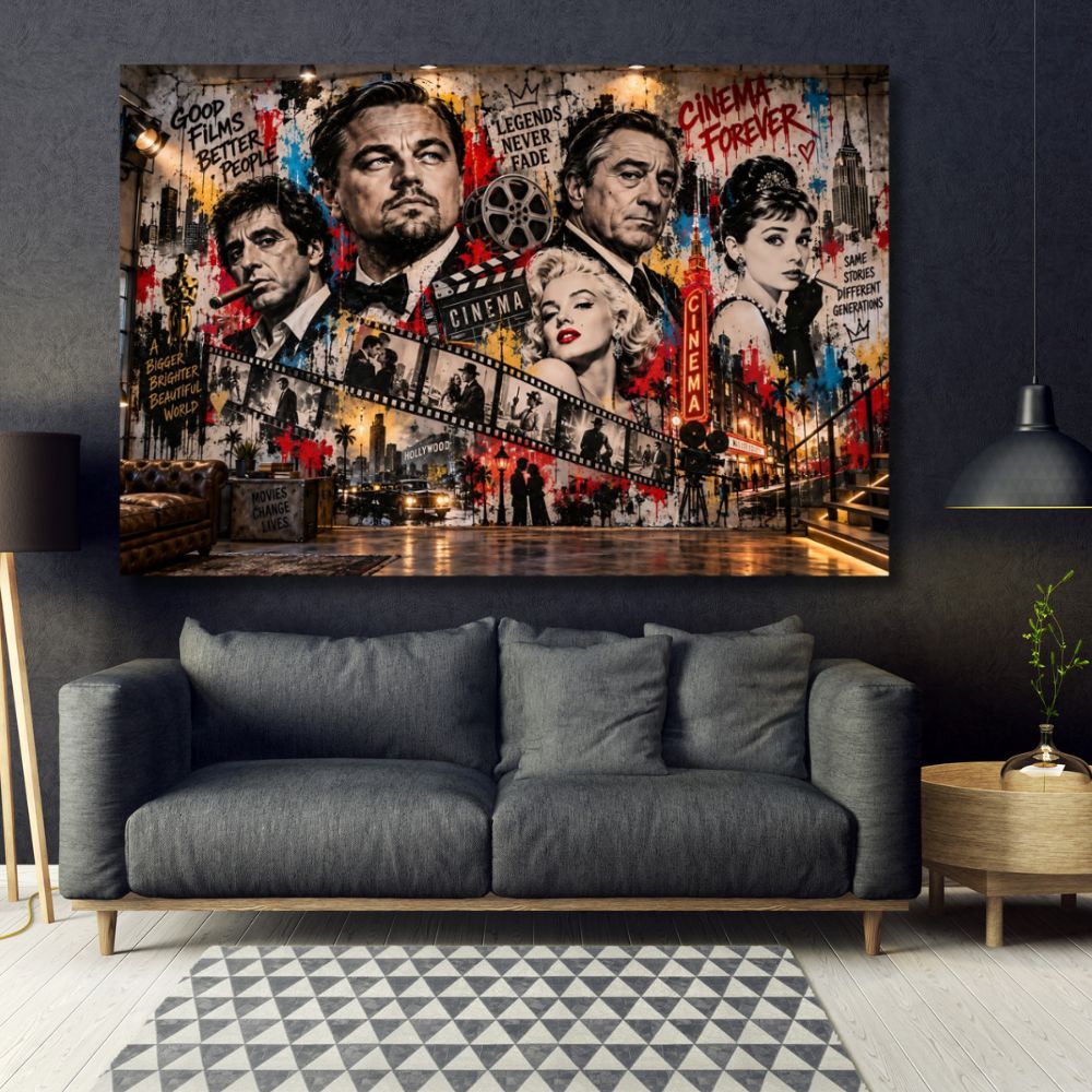 Tableau cinéma, Tableau Street Art, Tableau Hollywood, Décoration murale cinéma, Légendes du cinéma, Tableau acteur, Tableau graffiti, Tableau vintage, Toile cinéma, Leonardo DiCaprio, Robert De Niro, Marilyn Monroe, Décoration salon, Art urbain