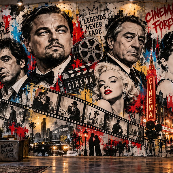 Tableau cinéma, Tableau Street Art, Tableau Hollywood, Décoration murale cinéma, Légendes du cinéma, Tableau acteur, Tableau graffiti, Tableau vintage, Toile cinéma, Leonardo DiCaprio, Robert De Niro, Marilyn Monroe, Décoration salon, Art urbain