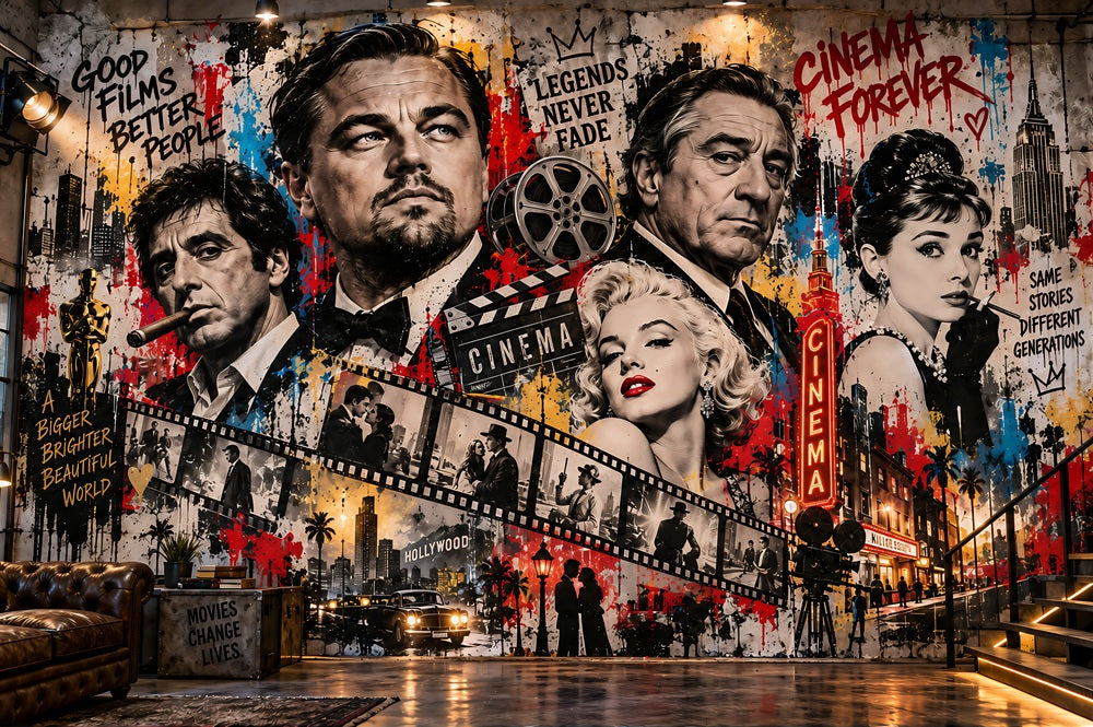 Tableau cinéma, Tableau Street Art, Tableau Hollywood, Décoration murale cinéma, Légendes du cinéma, Tableau acteur, Tableau graffiti, Tableau vintage, Toile cinéma, Leonardo DiCaprio, Robert De Niro, Marilyn Monroe, Décoration salon, Art urbain