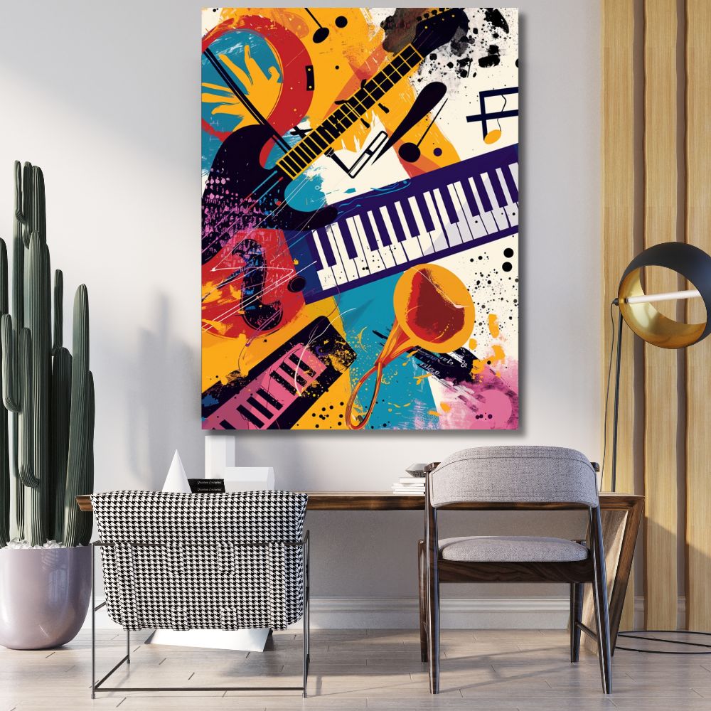 Touteladeco / Toile / Tableau / tableau musique / art pop / instruments / déco murale / guitare / piano / trompette / street art / coloré / dynamique