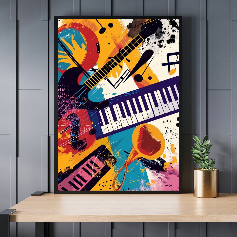 Touteladeco / Toile / Tableau / tableau musique / art pop / instruments / déco murale / guitare / piano / trompette / street art / coloré / dynamique