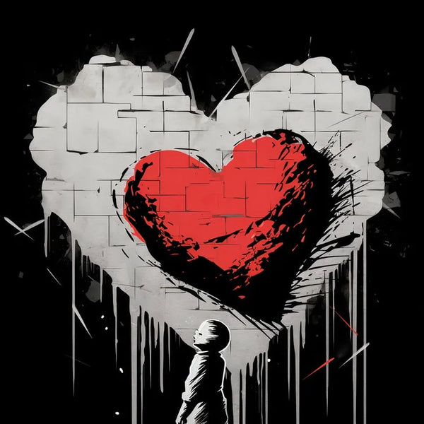 tableau street art / art urbain / cœur brisé / graffiti moderne / style Banksy / décoration murale contemporaine / tableau en noir blanc rouge / enfant et cœur mural / art engagé / émotion et poésie urbaine / tableau symbolique / impression sur toile / décoration moderne / Toile / Tableau / Touteladeco