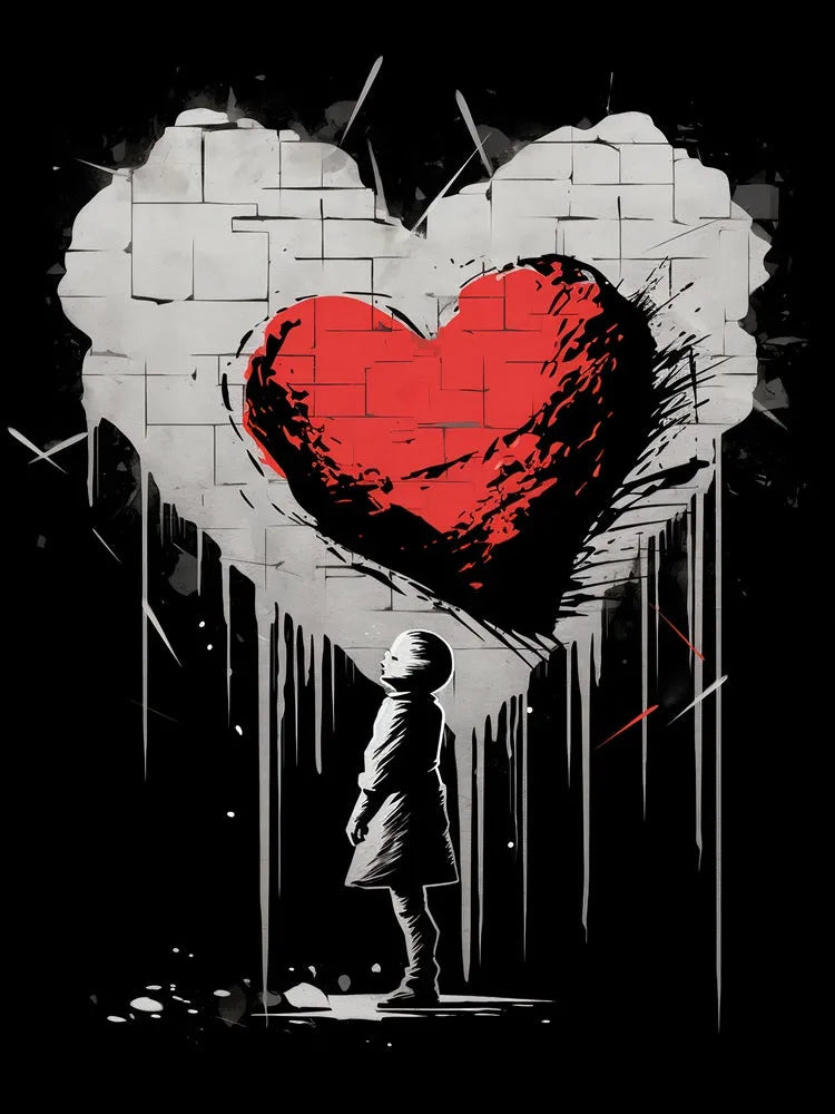 tableau street art / art urbain / cœur brisé / graffiti moderne / style Banksy / décoration murale contemporaine / tableau en noir blanc rouge / enfant et cœur mural / art engagé / émotion et poésie urbaine / tableau symbolique / impression sur toile / décoration moderne / Toile / Tableau / Touteladeco