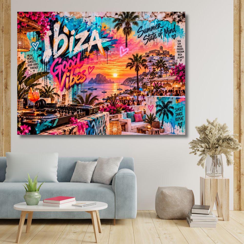 Tableau Ibiza, Tableau Street Art, Tableau Good Vibes, Tableau Sunset, Décoration Ibiza, Tableau coucher de soleil, Tableau musique électronique, Tableau DJ, Tableau plage, Tableau été, Tableau coloré, Toile Ibiza, Art urbain, Décoration murale, Déco méditerranéenne, Tableau vacances, Tableau moderne