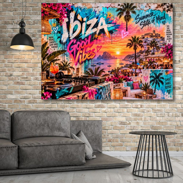 Tableau Ibiza, Tableau Street Art, Tableau Good Vibes, Tableau Sunset, Décoration Ibiza, Tableau coucher de soleil, Tableau musique électronique, Tableau DJ, Tableau plage, Tableau été, Tableau coloré, Toile Ibiza, Art urbain, Décoration murale, Déco méditerranéenne, Tableau vacances, Tableau moderne
