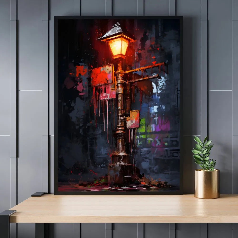 Touteladeco / Toile / Tableau / tableau lampadaire / street art urbain / réverbère rouge / tableau graffiti / décoration murale industrielle / art mural nocturne / ambiance urbaine