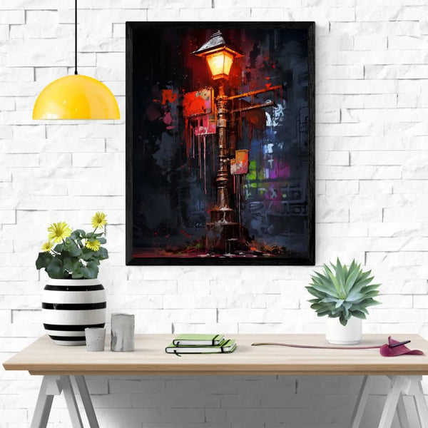 Touteladeco / Toile / Tableau / tableau lampadaire / street art urbain / réverbère rouge / tableau graffiti / décoration murale industrielle / art mural nocturne / ambiance urbaine