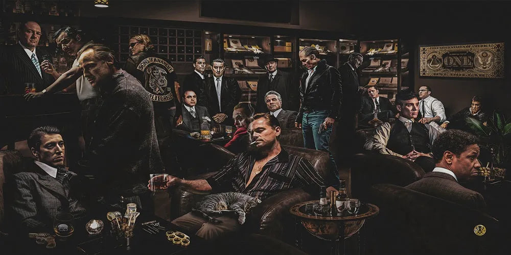 Touteladeco / Tableau Art / Films / Légendes du cinéma / Décoration Murale / Décoration de maison / tableau légendes du cinéma / scène mafieuse cinéma / personnages cultes films / décoration murale gangster / ambiance club privé vintage / tableau acteurs célèbres / art cinématographique rétro / style dark et élégant / déco film culte / impression sur toile cinéma