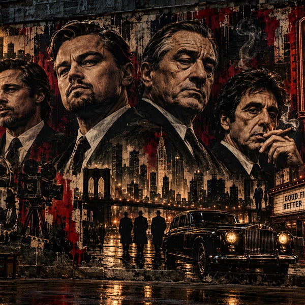Tableau Street Art, Tableau cinéma, Tableau gangster, Tableau Le Parrain, Tableau Scarface, Tableau Peaky Blinders, Tableau Hollywood, Légendes du cinéma, Leonardo DiCaprio, Robert De Niro, Al Pacino, Décoration murale gangster, Tableau noir et rouge, Toile cinéma, Tableau vintage