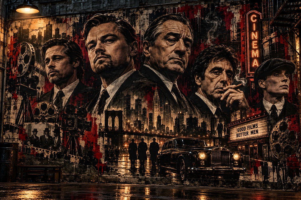 Tableau Street Art, Tableau cinéma, Tableau gangster, Tableau Le Parrain, Tableau Scarface, Tableau Peaky Blinders, Tableau Hollywood, Légendes du cinéma, Leonardo DiCaprio, Robert De Niro, Al Pacino, Décoration murale gangster, Tableau noir et rouge, Toile cinéma, Tableau vintage