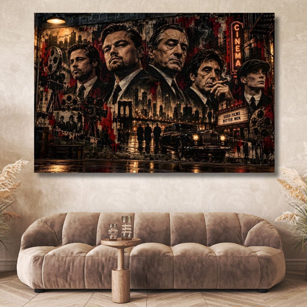 Tableau Street Art, Tableau cinéma, Tableau gangster, Tableau Le Parrain, Tableau Scarface, Tableau Peaky Blinders, Tableau Hollywood, Légendes du cinéma, Leonardo DiCaprio, Robert De Niro, Al Pacino, Décoration murale gangster, Tableau noir et rouge, Toile cinéma, Tableau vintage