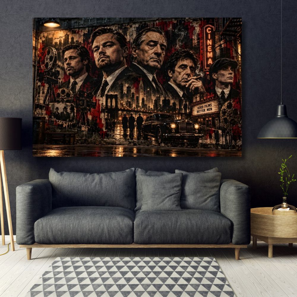 Tableau Street Art, Tableau cinéma, Tableau gangster, Tableau Le Parrain, Tableau Scarface, Tableau Peaky Blinders, Tableau Hollywood, Légendes du cinéma, Leonardo DiCaprio, Robert De Niro, Al Pacino, Décoration murale gangster, Tableau noir et rouge, Toile cinéma, Tableau vintage