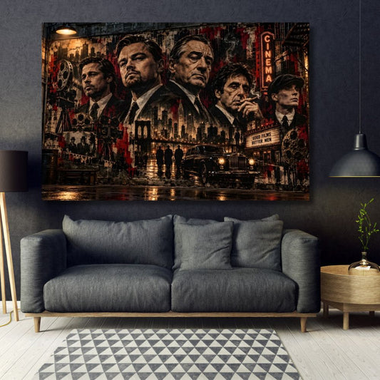 Tableau Street Art, Tableau cinéma, Tableau gangster, Tableau Le Parrain, Tableau Scarface, Tableau Peaky Blinders, Tableau Hollywood, Légendes du cinéma, Leonardo DiCaprio, Robert De Niro, Al Pacino, Décoration murale gangster, Tableau noir et rouge, Toile cinéma, Tableau vintage