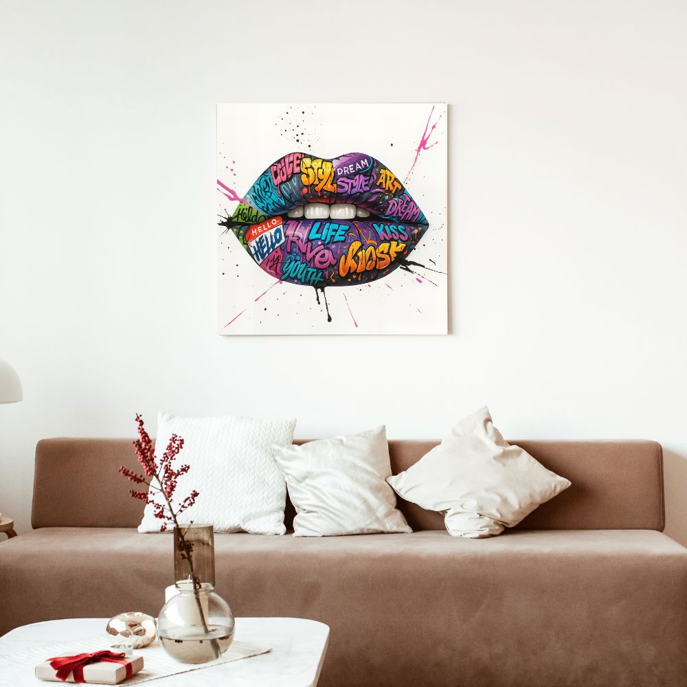 Touteladeco / Toile / Tableau / tableau lèvres / street art mural / bouche graffiti / art urbain pop / décoration moderne / tableau coloré / lèvres dessin / art contemporain audacieux