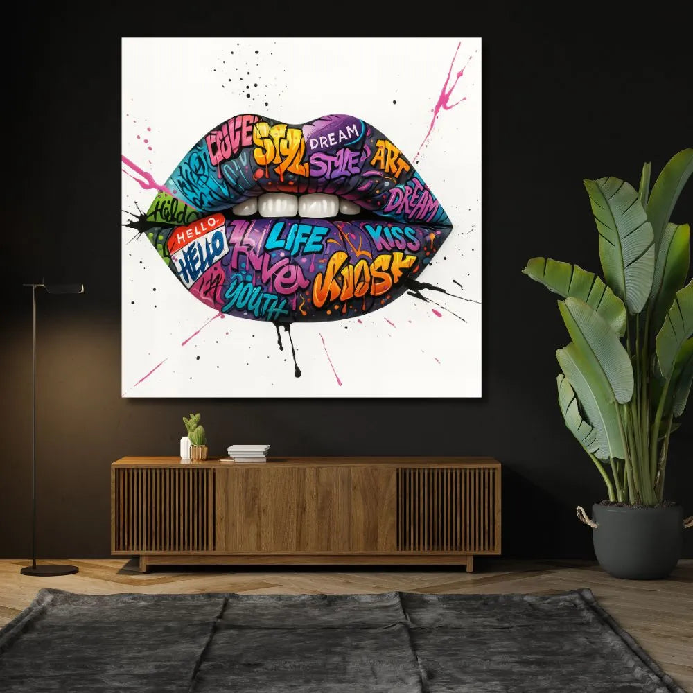 Touteladeco / Toile / Tableau / tableau lèvres / street art mural / bouche graffiti / art urbain pop / décoration moderne / tableau coloré / lèvres dessin / art contemporain audacieux