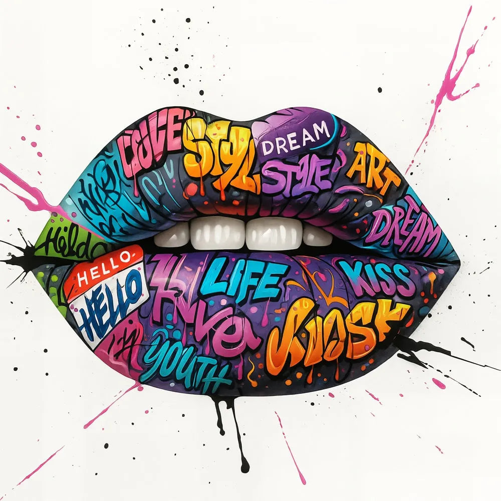 Touteladeco / Toile / Tableau / tableau lèvres / street art mural / bouche graffiti / art urbain pop / décoration moderne / tableau coloré / lèvres dessin / art contemporain audacieux