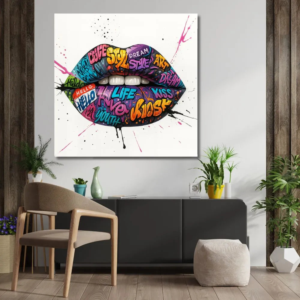 Touteladeco / Toile / Tableau / tableau lèvres / street art mural / bouche graffiti / art urbain pop / décoration moderne / tableau coloré / lèvres dessin / art contemporain audacieux