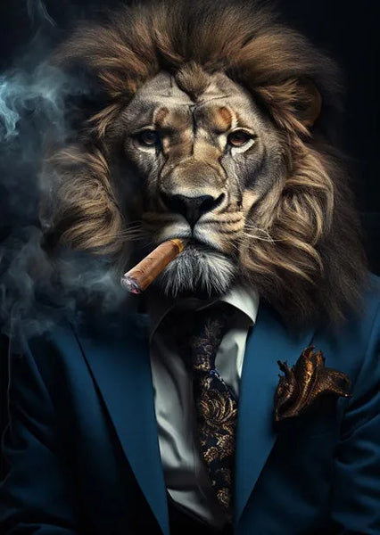 Touteladeco / Tableau Lion / Animaux / Lion / tableau lion élégant / art animalier moderne / lion en costume / décoration murale sophistiquée / ambiance sombre et luxueuse / lion fumant un cigare / style réaliste et imposant / tableau puissant et charismatique / impression sur toile / décoration masculine et raffinée
