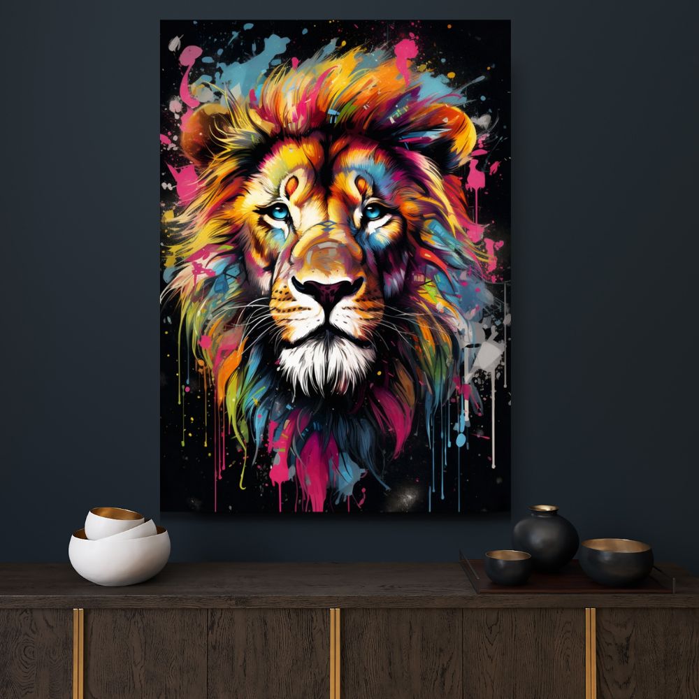 Touteladeco / Toile / Tableau / tableau lion / pop art lion / déco féline / art urbain / toile colorée / tableau animal / roi de la savane / décoration murale