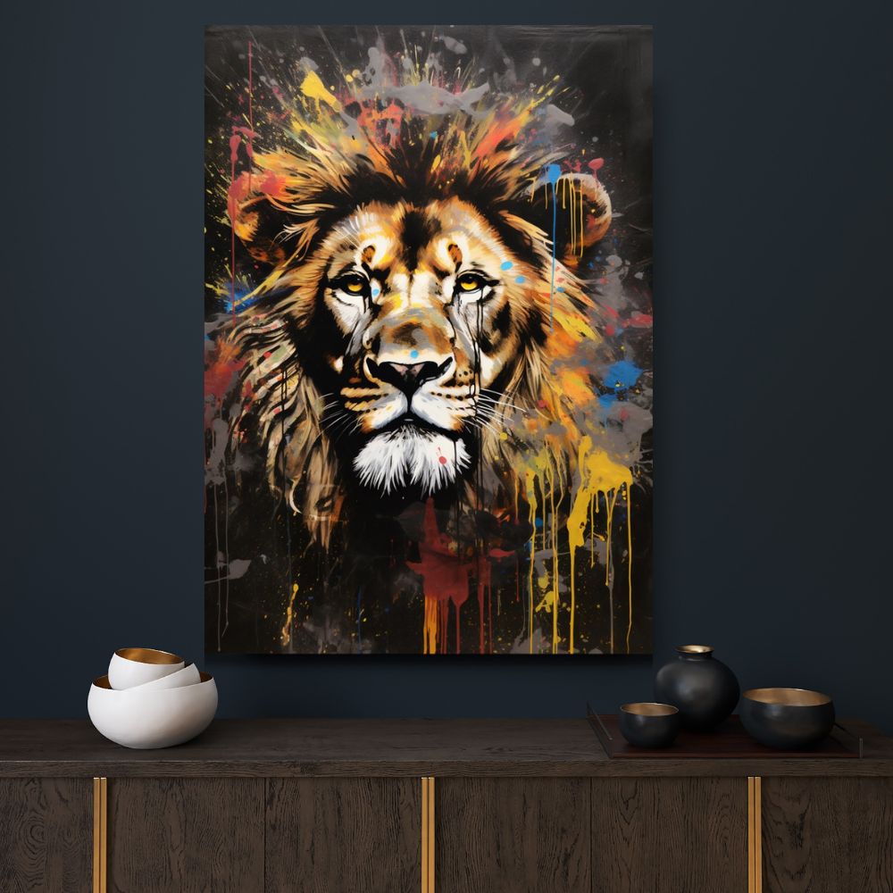 Touteladeco / Toile / Tableau / tableau lion / déco urbaine / street art animal / lion pop art / art mural moderne / tête de lion colorée / tableau sauvage