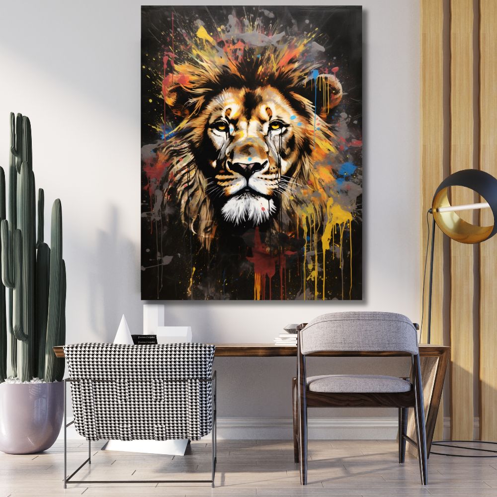 Touteladeco / Toile / Tableau / tableau lion / déco urbaine / street art animal / lion pop art / art mural moderne / tête de lion colorée / tableau sauvage
