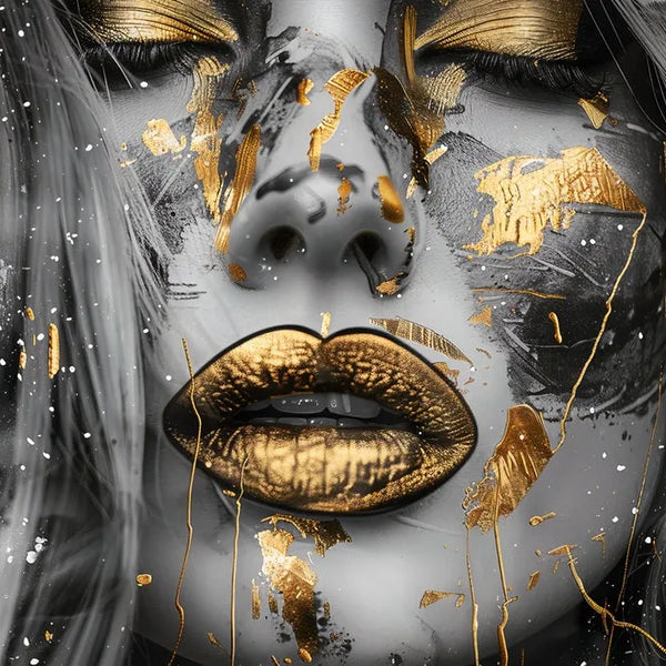 Touteladeco / Toile / Tableau / tableau femme or / art portrait féminin / toile contemporaine glamour / décoration murale élégante / visage doré sensualité
