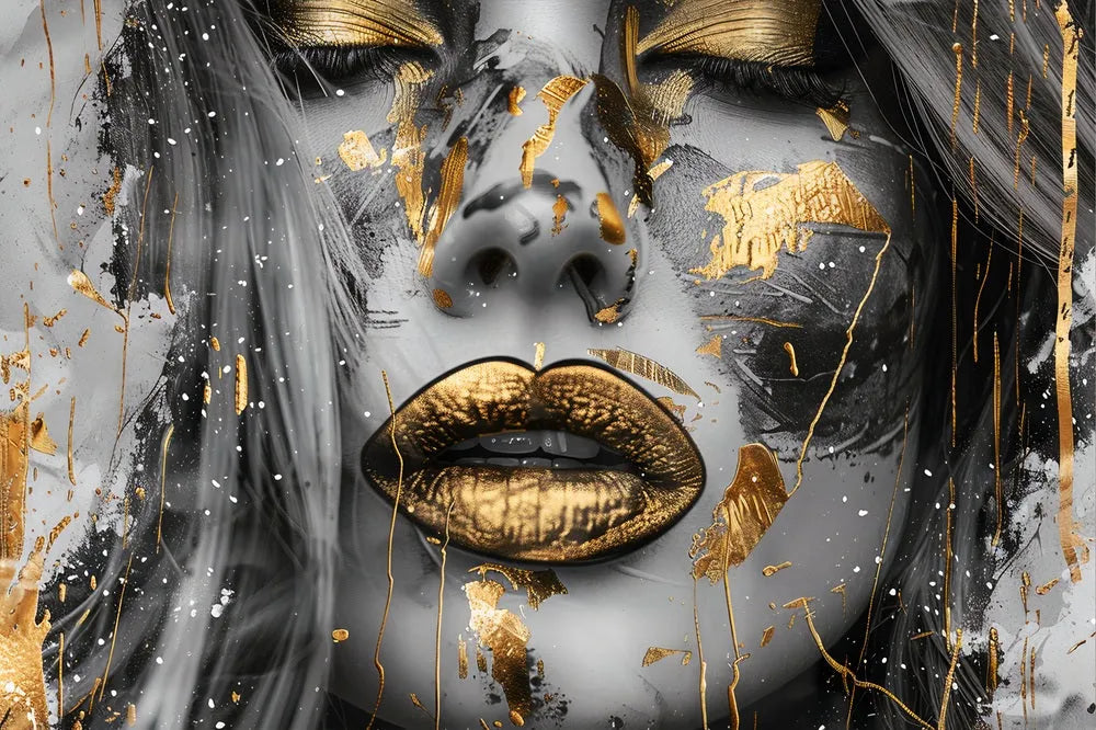 Touteladeco / Toile / Tableau / tableau femme or / art portrait féminin / toile contemporaine glamour / décoration murale élégante / visage doré sensualité