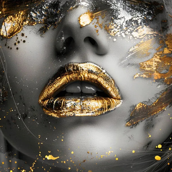 Touteladeco / Toile / Tableau / tableau femme dorée / art mural glamour / portrait lèvres or / décoration contemporaine / art urbain chic