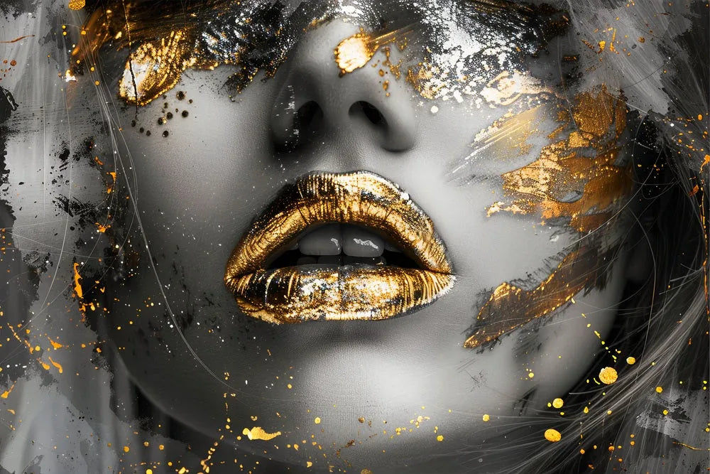 Touteladeco / Toile / Tableau / tableau femme dorée / art mural glamour / portrait lèvres or / décoration contemporaine / art urbain chic