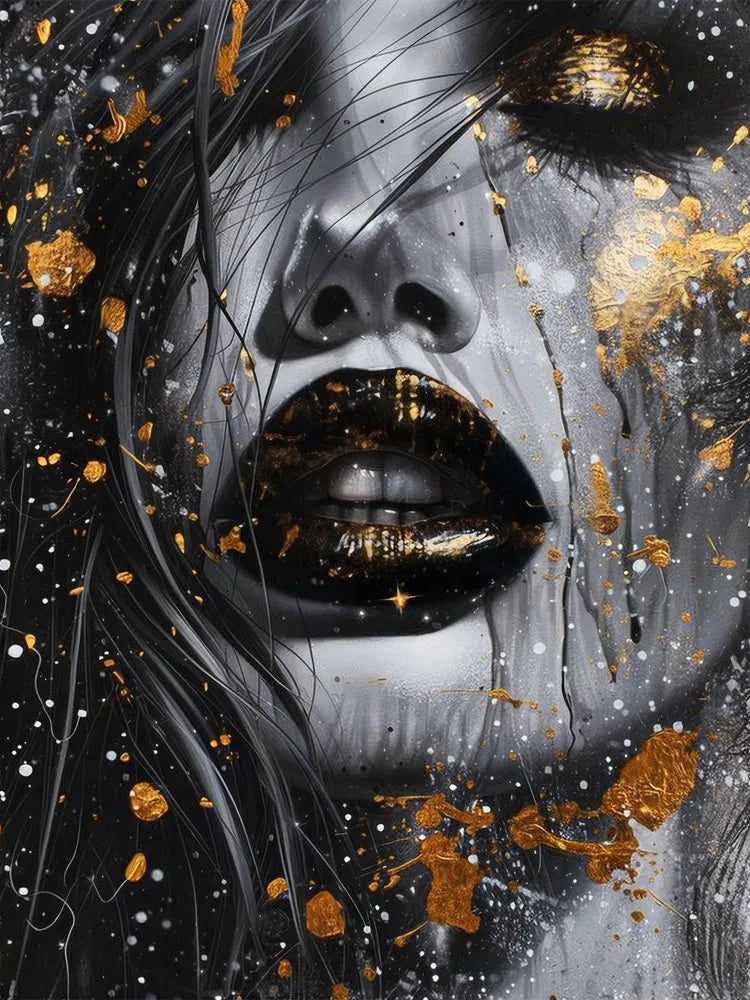 Touteladeco / Toile / Tableau / tableau femme / portrait féminin / art glamour / street art noir et or / lèvres noires / regard doré / visage femme peinture / déco élégante