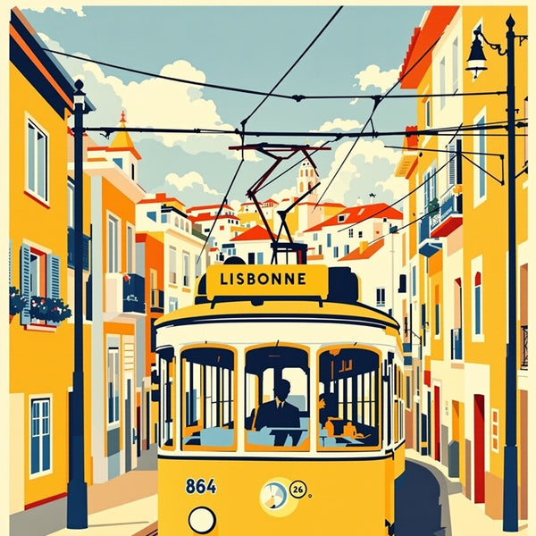 Touteladeco / Toile / Tableau / tableau lisbonne / toile vintage portugal / décoration tramway / affiche rétro lisbonne / décoration voyage europe / tram jaune lisbonne