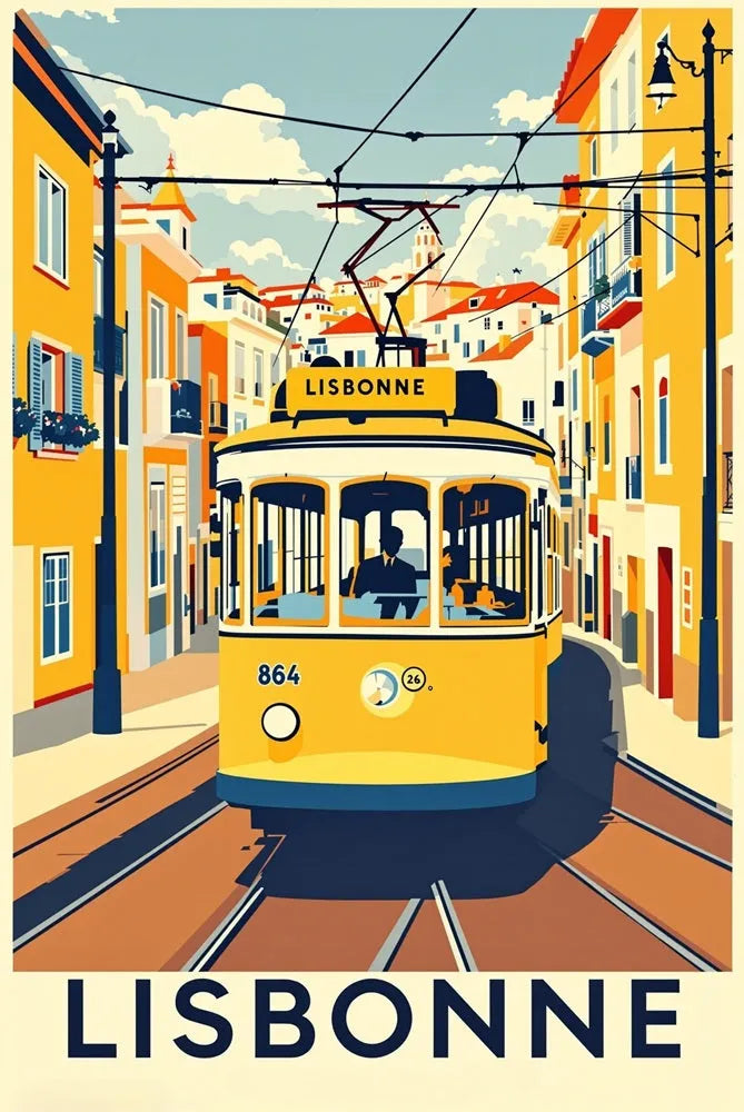 Touteladeco / Toile / Tableau / tableau lisbonne / toile vintage portugal / décoration tramway / affiche rétro lisbonne / décoration voyage europe / tram jaune lisbonne