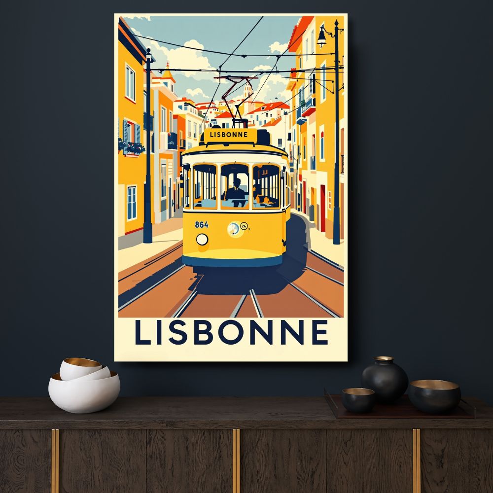 Touteladeco / Toile / Tableau / tableau lisbonne / toile vintage portugal / décoration tramway / affiche rétro lisbonne / décoration voyage europe / tram jaune lisbonne