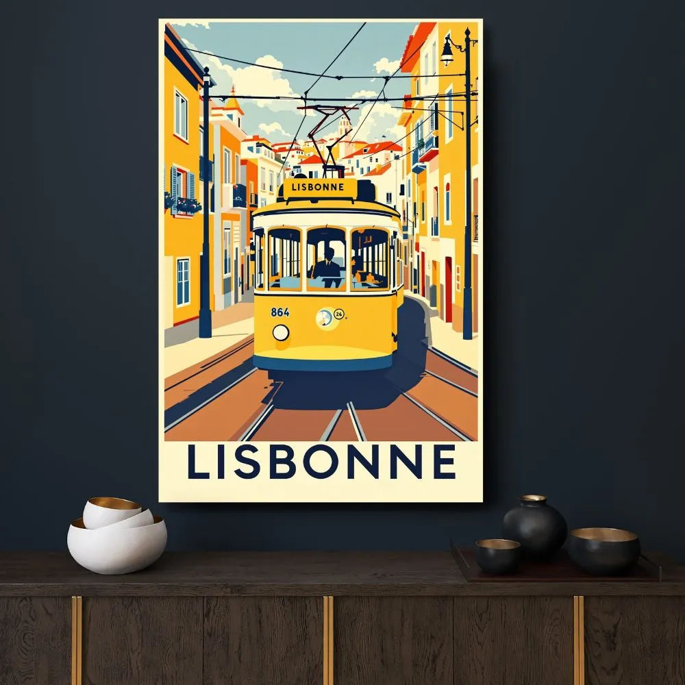 Touteladeco / Toile / Tableau / tableau lisbonne / toile vintage portugal / décoration tramway / affiche rétro lisbonne / décoration voyage europe / tram jaune lisbonne