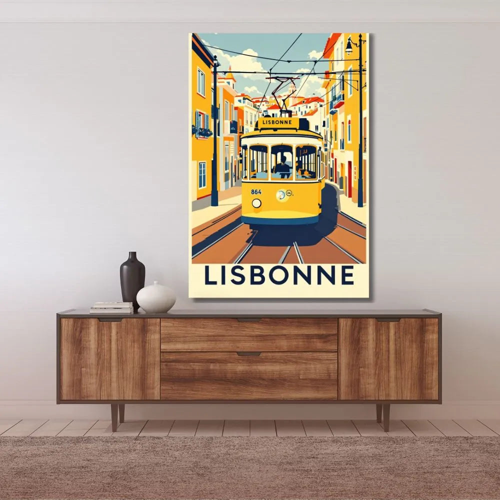 Touteladeco / Toile / Tableau / tableau lisbonne / toile vintage portugal / décoration tramway / affiche rétro lisbonne / décoration voyage europe / tram jaune lisbonne