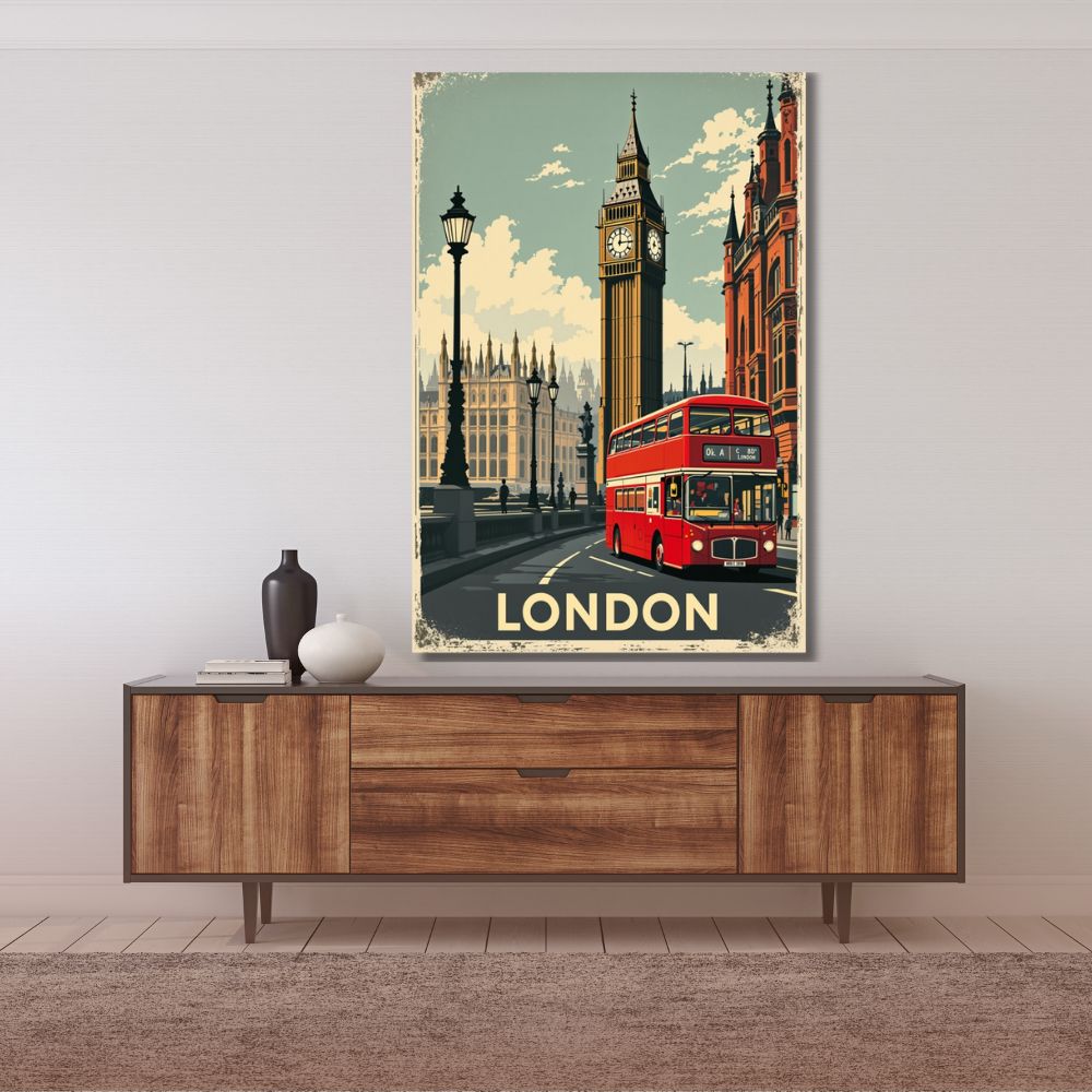 Touteladeco / Toile / Tableau / tableau londres / toile vintage big ben / décoration angleterre / affiche rétro london / bus rouge / déco urbaine / style british / capitale européenne