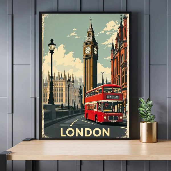 Touteladeco / Toile / Tableau / tableau londres / toile vintage big ben / décoration angleterre / affiche rétro london / bus rouge / déco urbaine / style british / capitale européenne