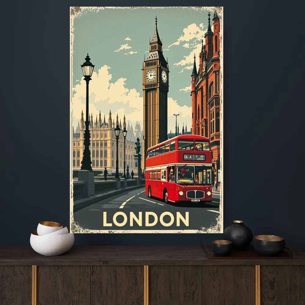 Touteladeco / Toile / Tableau / tableau londres / toile vintage big ben / décoration angleterre / affiche rétro london / bus rouge / déco urbaine / style british / capitale européenne