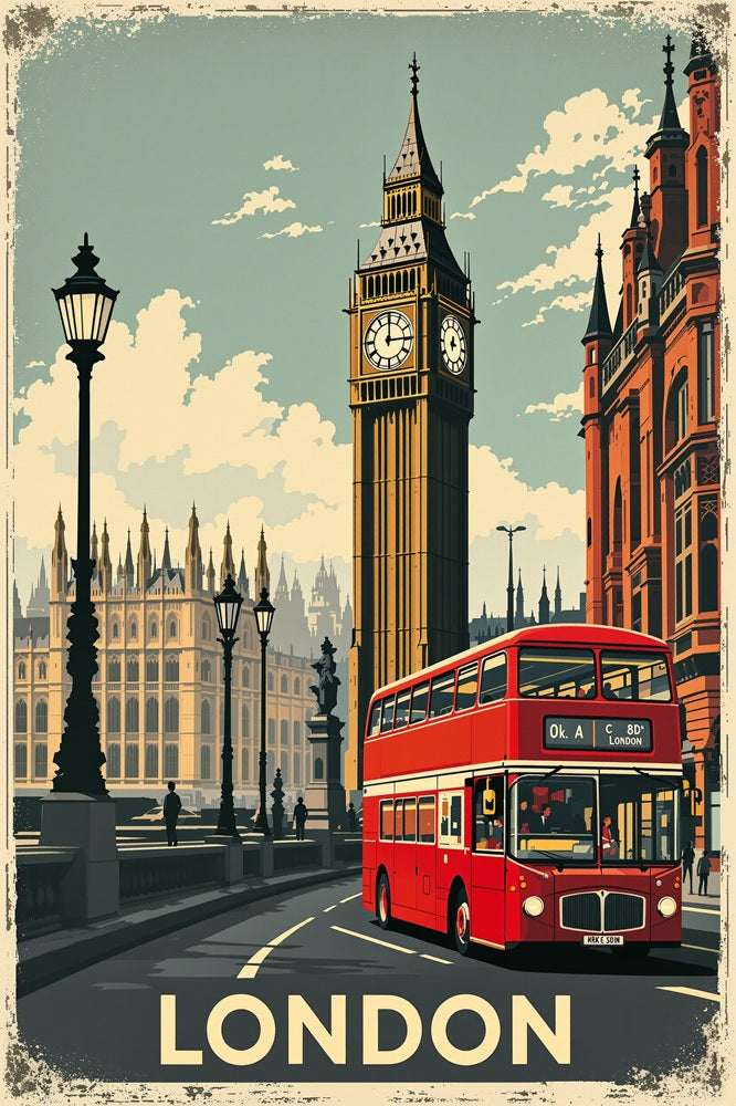 Touteladeco / Toile / Tableau / tableau londres / toile vintage big ben / décoration angleterre / affiche rétro london / bus rouge / déco urbaine / style british / capitale européenne