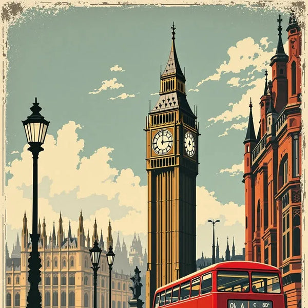 Touteladeco / Toile / Tableau / tableau londres / toile vintage big ben / décoration angleterre / affiche rétro london / bus rouge / déco urbaine / style british / capitale européenne