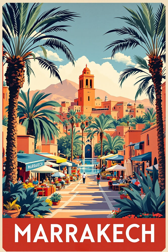 Touteladeco / Toile / tableau / tableau marrakech / toile vintage maroc / décoration orientale / affiche rétro marrakech / déco voyage / illustration style médina / ambiance soleil