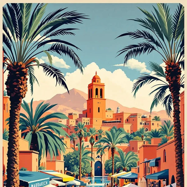 Touteladeco / Toile / tableau / tableau marrakech / toile vintage maroc / décoration orientale / affiche rétro marrakech / déco voyage / illustration style médina / ambiance soleil