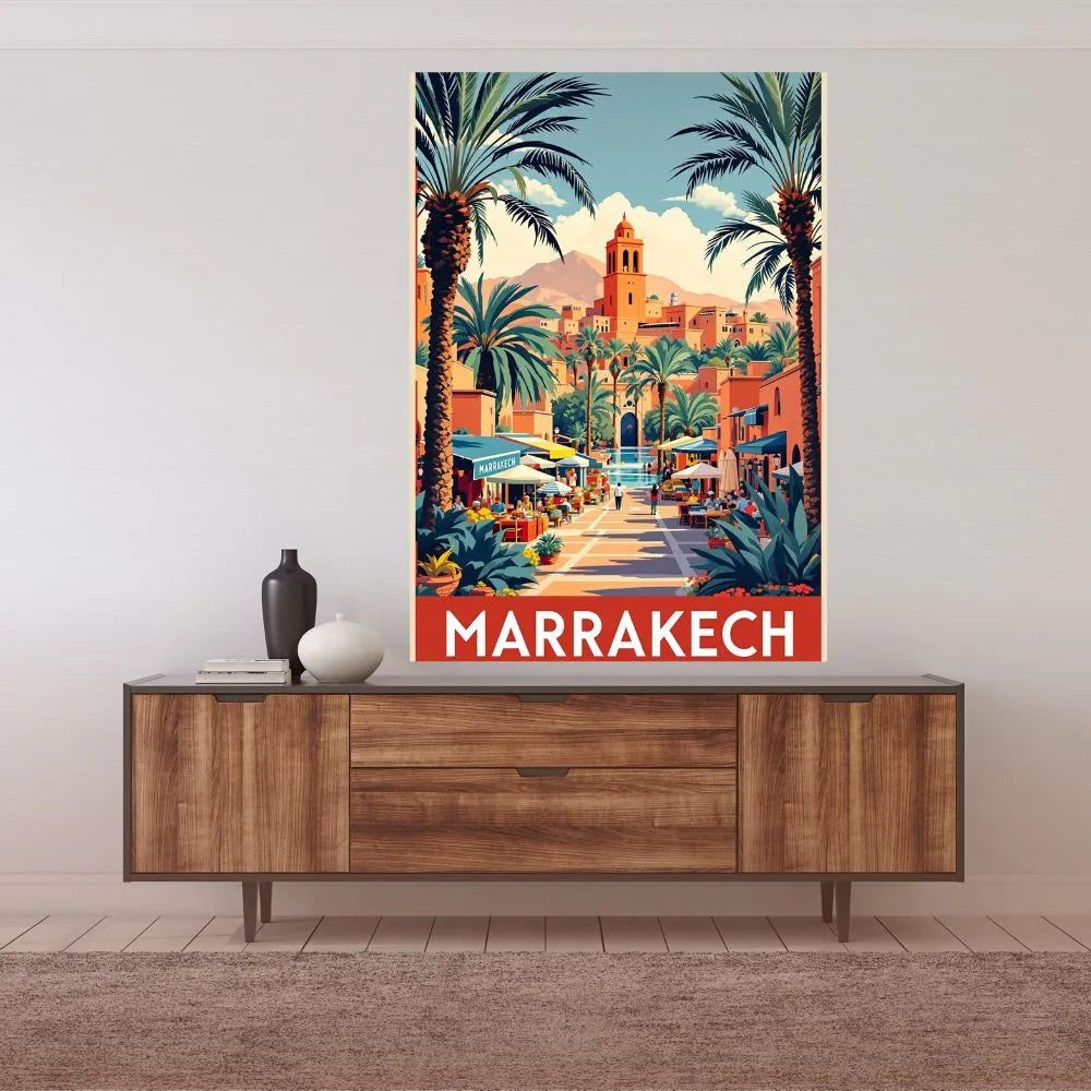 Touteladeco / Toile / tableau / tableau marrakech / toile vintage maroc / décoration orientale / affiche rétro marrakech / déco voyage / illustration style médina / ambiance soleil