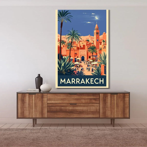 Touteladeco / Toile / Tableau / tableau marrakech / toile vintage maroc / décoration orientale / affiche rétro marrakech / déco voyage / illustration style médina / ambiance soleil