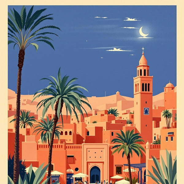 Touteladeco / Toile / Tableau / tableau marrakech / toile vintage maroc / décoration orientale / affiche rétro marrakech / déco voyage / illustration style médina / ambiance soleil