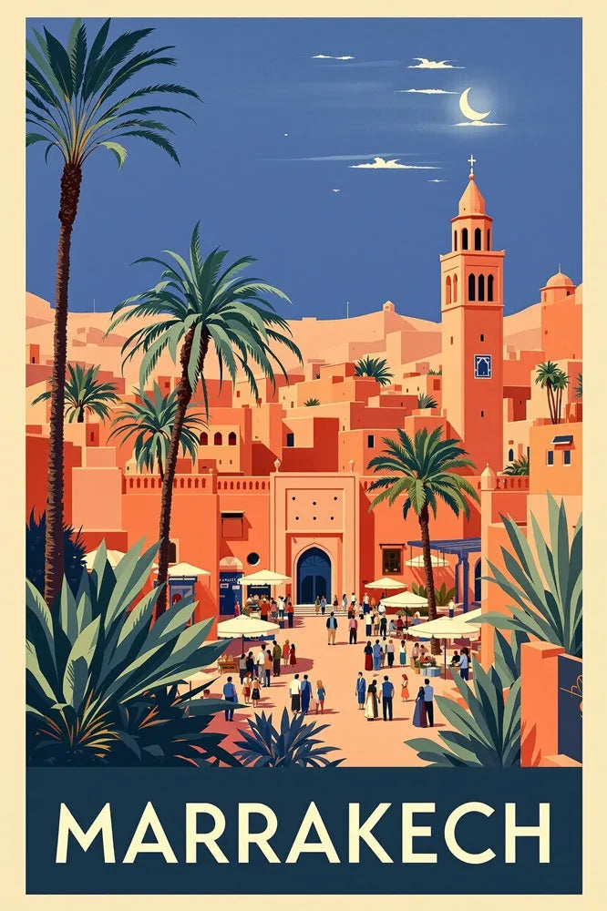 Touteladeco / Toile / Tableau / tableau marrakech / toile vintage maroc / décoration orientale / affiche rétro marrakech / déco voyage / illustration style médina / ambiance soleil