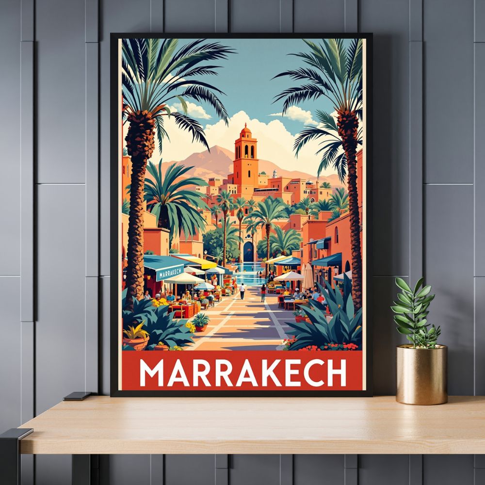 Touteladeco / Toile / tableau / tableau marrakech / toile vintage maroc / décoration orientale / affiche rétro marrakech / déco voyage / illustration style médina / ambiance soleil