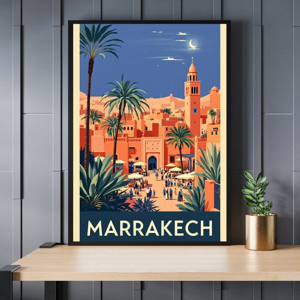 Touteladeco / Toile / Tableau / tableau marrakech / toile vintage maroc / décoration orientale / affiche rétro marrakech / déco voyage / illustration style médina / ambiance soleil
