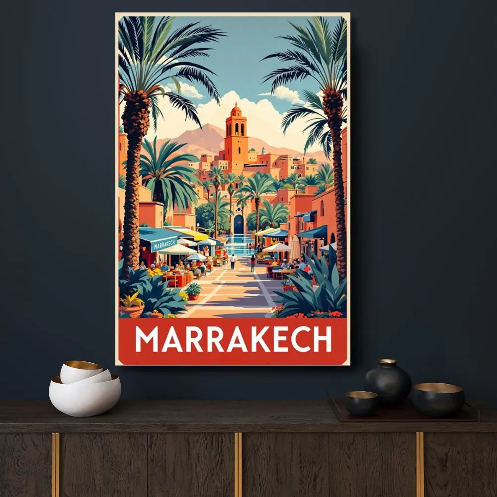 Touteladeco / Toile / tableau / tableau marrakech / toile vintage maroc / décoration orientale / affiche rétro marrakech / déco voyage / illustration style médina / ambiance soleil
