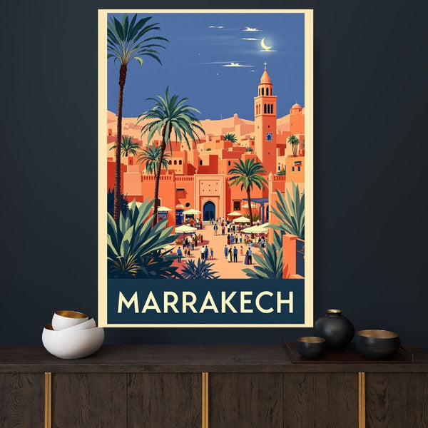 Touteladeco / Toile / Tableau / tableau marrakech / toile vintage maroc / décoration orientale / affiche rétro marrakech / déco voyage / illustration style médina / ambiance soleil